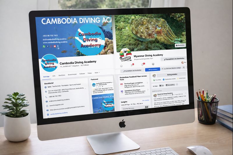 Mac Bildschirm. linke seite facebook startseite cambodia diving academy,rechte seite facebook startseite myanmar diving academy