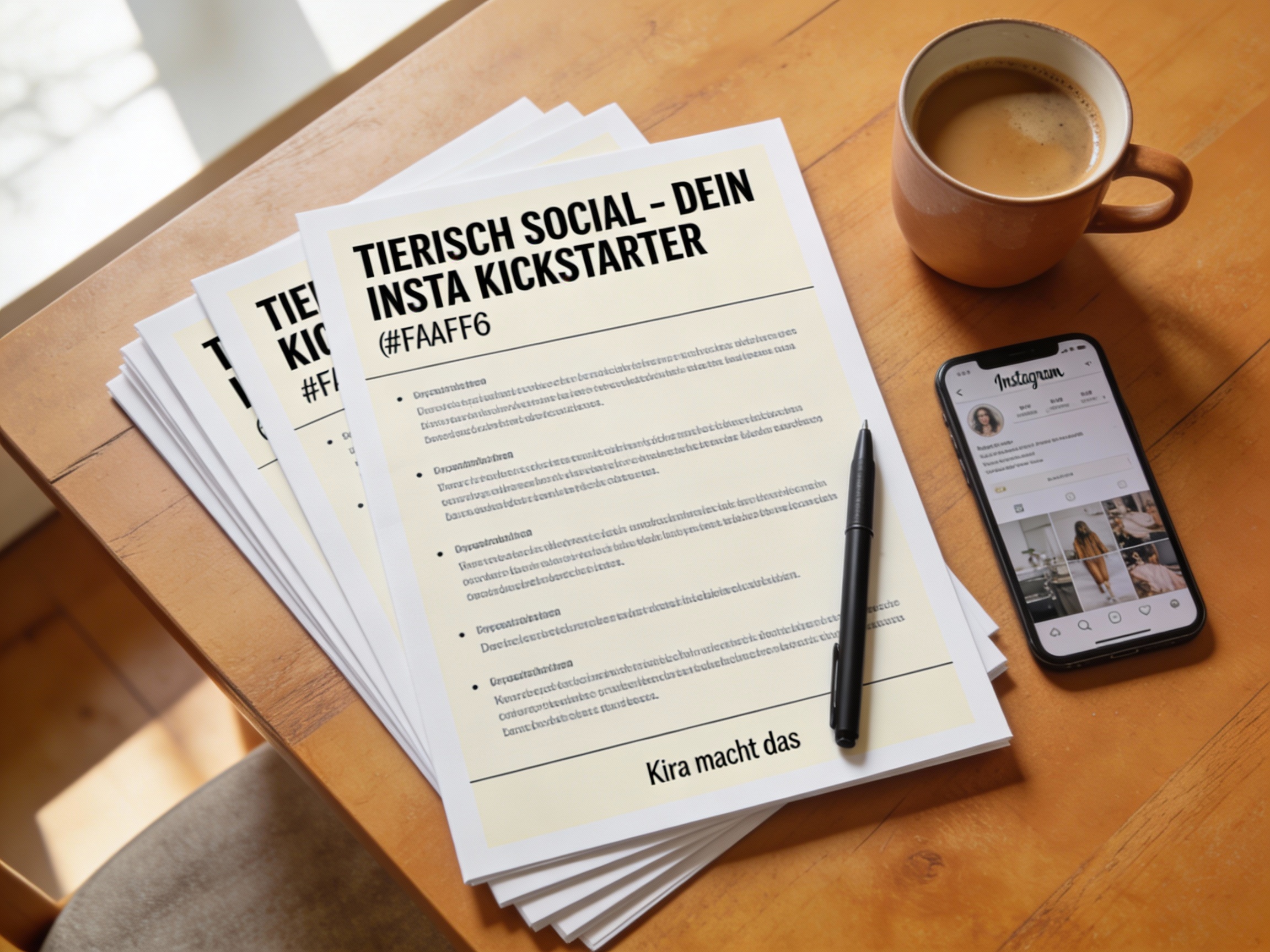 A4 Blätter "kickstarter - dein insta", Kugelschreiber und handy auf einem Holztisch