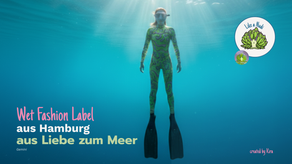 freediverin unter wasser, sonne von oben inks unten im bild: like a nudi aus hamburg aus liebe zum meer rechts oben nudibranch logo und foto von nudibranch nachdem der anzug gemacht wurde (grün)